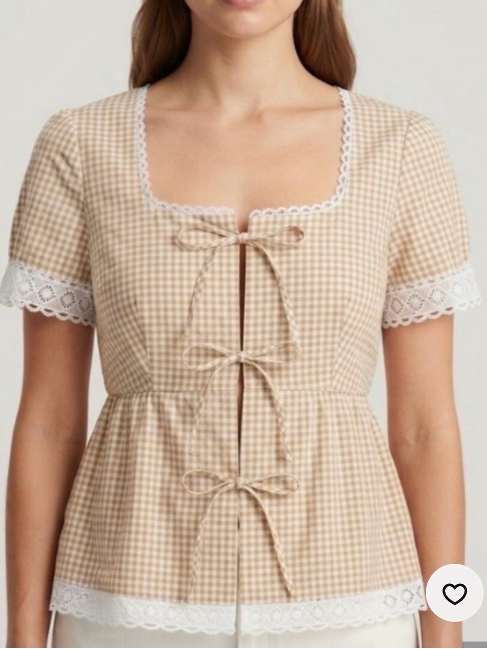 bagatelle Beige Gingham Lace-Trim Tie-Front Blouse